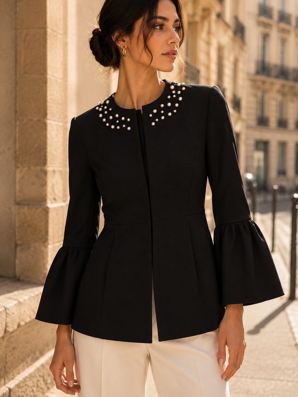 Zara Pearl Embellished Black Blazer Jacket | Size Small